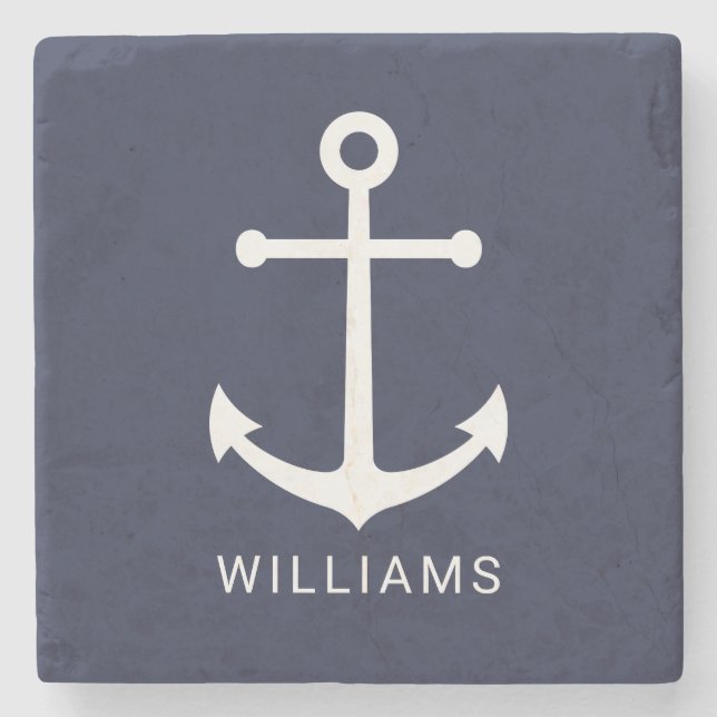 Weißer Anker und Individuelle Name auf Navy Blue Steinuntersetzer (Vorderseite)