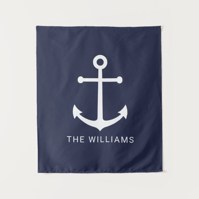 Weißer Anker und Individuelle Name auf Navy Blue Wandteppich (Vorderseite)