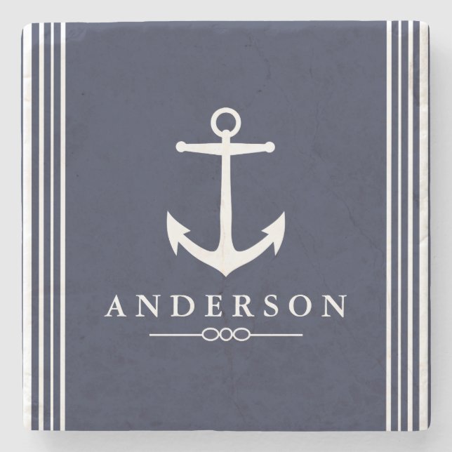 Weißer Anker und Navy Blau | PERSONALISIERT Steinuntersetzer (Vorderseite)