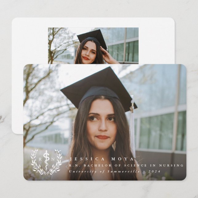 Weißer Asclepius RN Abschluss für Krankenschwester Ankündigung (Vorne/Hinten)