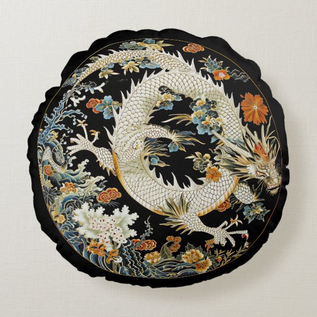 Weißer asiatischer Drache und Blume Rundkissen Rundes Kissen (Vorderseite)
