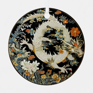 Weißer asiatischer Drache und Blumen Ornament Aus Metall