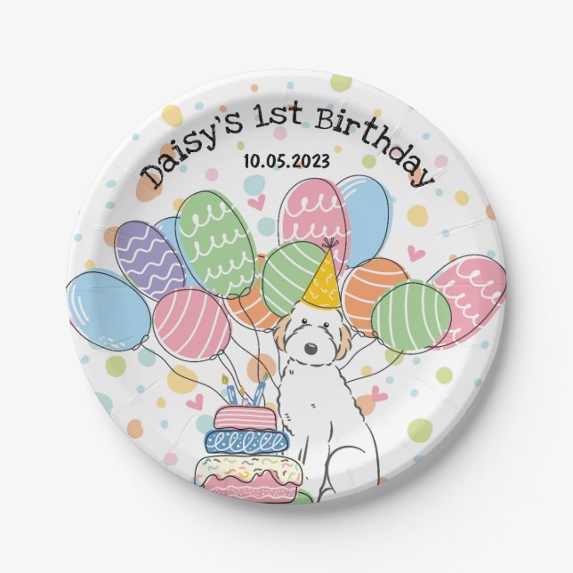 Weißer Aussiedoodle-Birthday-Party-Teller Pappteller (Vorderseite)