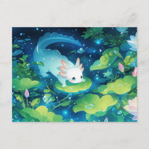 Weißer Axolotl im magischen nächtlichen Lilienteic Postkarte