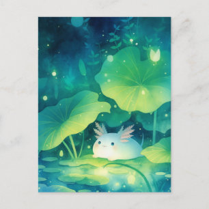 Weißer Axolotl im magischen nächtlichen Lilienteic Postkarte