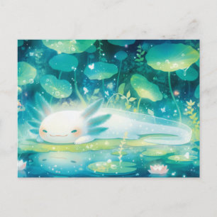 Weißer Axolotl ruht in magischem Türkis-Teich Postkarte