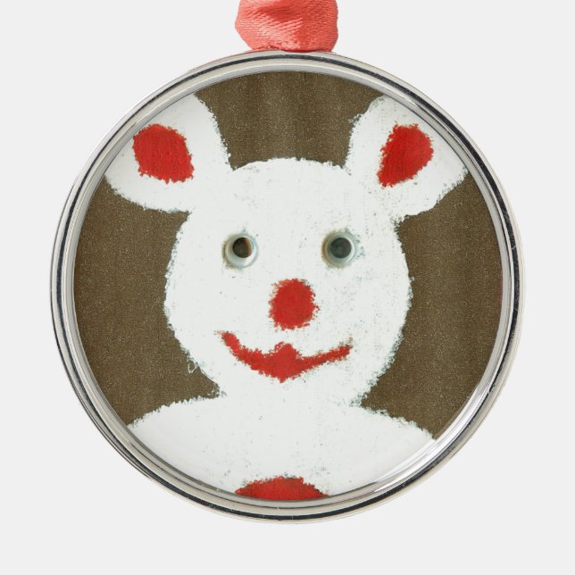 Weißer Bär mit Roter Nase, Mund und Ohren (Santa) Silbernes Ornament (Vorne)