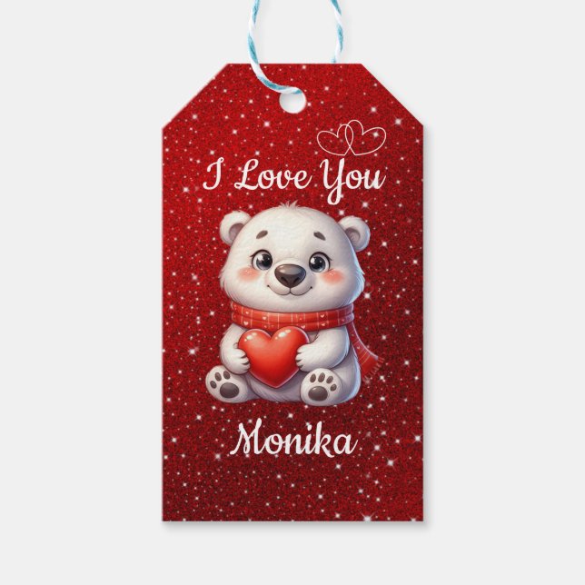 Weißer Bär & Rot I Liebe Sie Personalisierter Name Geschenkanhänger (Vorderseite)