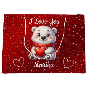 Weißer Bär & Rot I Liebe Sie Personalisierter Name Große Geschenktüte