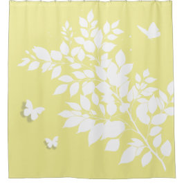 Weißer blättriger Zweig und Schmetterlinge im Prof Duschvorhang