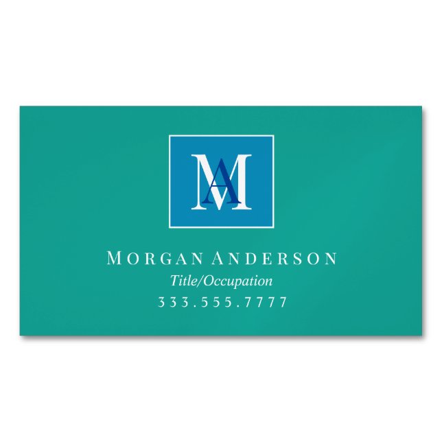 Weißer/blauer Monogramm-Name Weißer Rahmen, Aquama Magnetische Visitenkarte (Vorderseite)