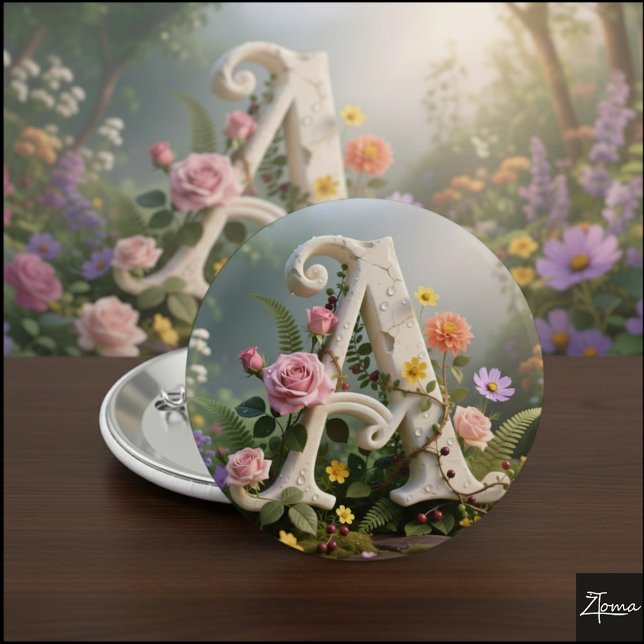 Weißer Blumen-Garten-Monogramm Buchstabe A Button (Von Creator hochgeladen)