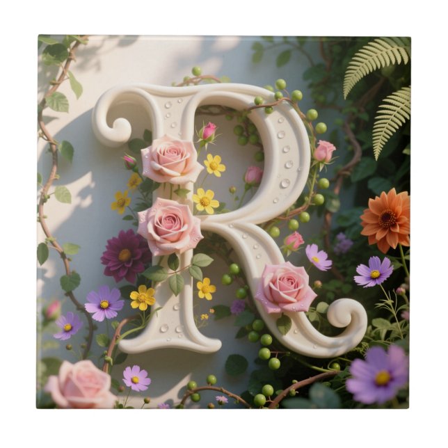 Weißer Blumen-Garten-Monogramm-Buchstabe R Fliese (Vorderseite)
