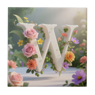 Weißer Blumen-Garten-Monogramm-Buchstabe W Fliese