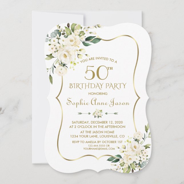 Weißer Blumenrahmen 50. Geburtstag Einladung (Vorderseite)