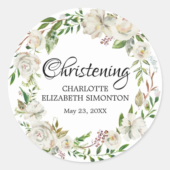 Weißer Blumenreath Christening Umschlag Aufkleber (Vorderseite)