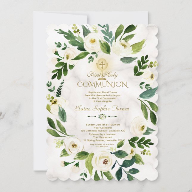 Weißer Blumenreath Kreuzmarmor Heilige Kommune Einladung (Vorderseite)