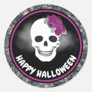 Weißer Blumenschädel und schwarzer Glitter Hallowe Runder Aufkleber