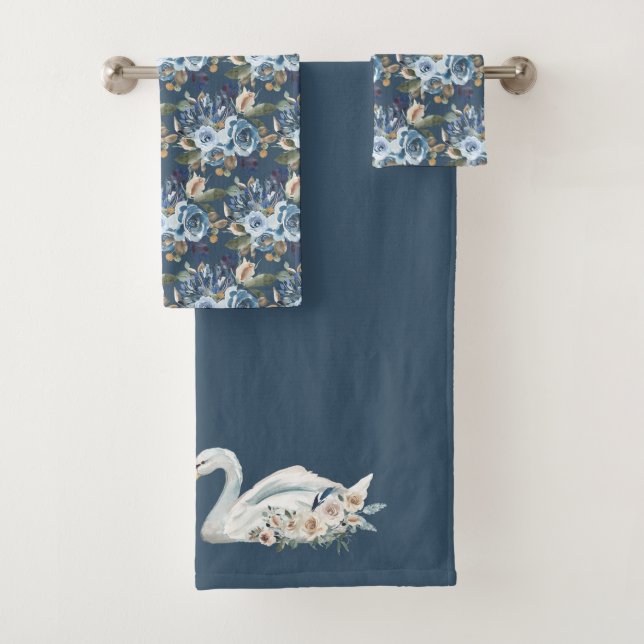 Weißer Blumenschwan auf Blau Badhandtuch Set (Insitu)