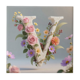 Weißer, blumiger, texturierter Monogramm-Buchstabe Fliese