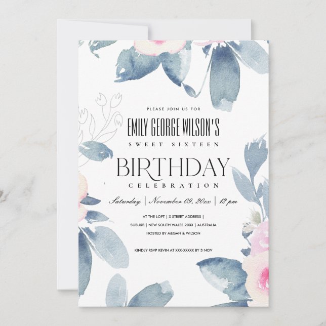 WEISSER BLUSH BLUE BLUE FLORAL SWEET 16 JEDER ALTE EINLADUNG (Vorderseite)