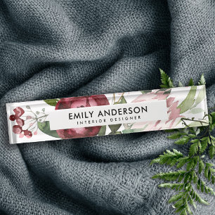 WEISSER BLUSTER PINK BURGUNDY PROTEA FLORAL WATERC NAMENSPLAKETTE