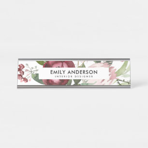 WEISSER BLUSTER PINK BURGUNDY PROTEA FLORAL WATERC SCHREIBTISCHNAMENSPLAKETTE