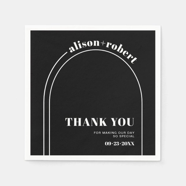 Weißer Bogen und Typografie schwarz Danke Hochzeit Serviette (Vorderseite)