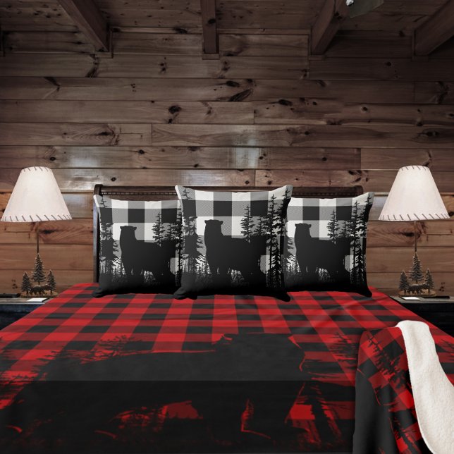 Weißer Buffalo-Karierter Pinienwaldbär Kissen (Buffalo Plaid Woodland Pine Forest Bear Throw Pillow)