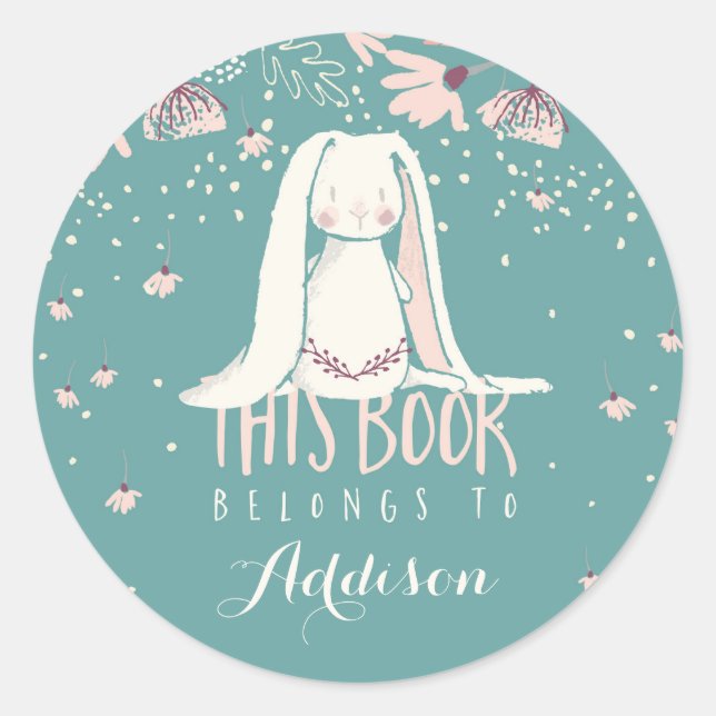 Weißer Bunny & Blume Dieses Buch gehört Runder Aufkleber (Vorderseite)