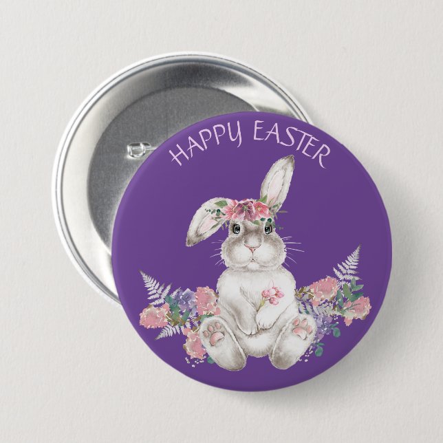 Weißer Bunny von Aquarell - Frohes Ostern Button (Vorne & Hinten)