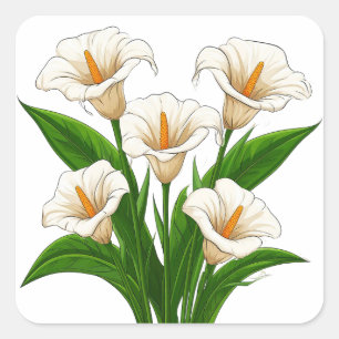 Weißer Calla-Lilien-Strauß mit grünen Blättern Quadratischer Aufkleber