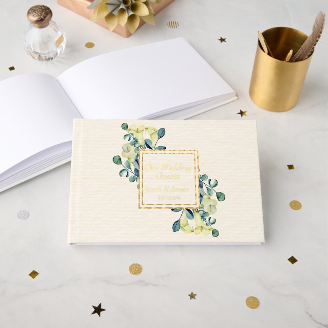 Weißer Calla Lilies und Eukalyptus Gästebuch (Vorderseite Offen)