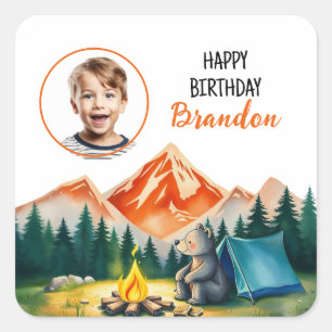 Weißer Camping Bär Kinder Foto Geburtstag Quadratischer Aufkleber
