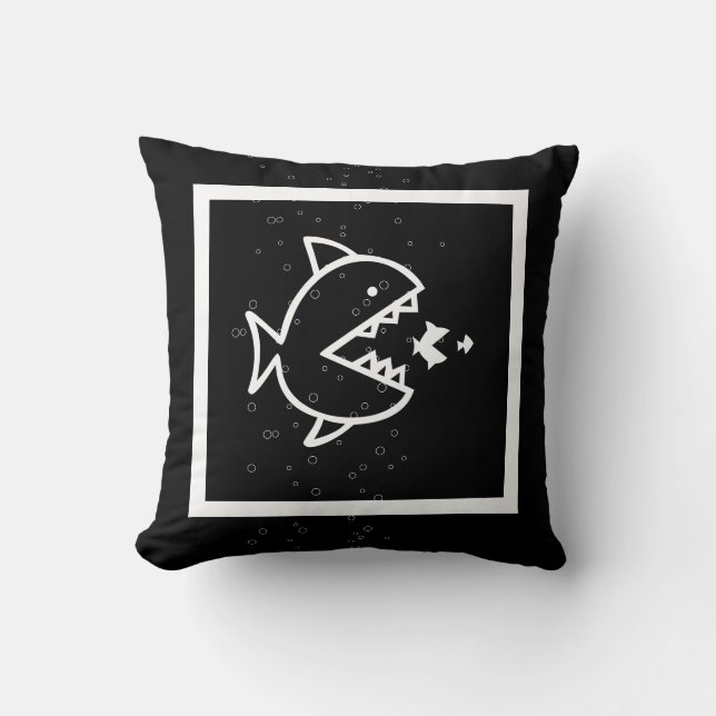 Weißer CARTOON FISH auf schwarzem Kissen (Vorderseite)