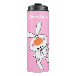 Weißer Cartoon Kaninchen auf hellrosa Thermosbecher