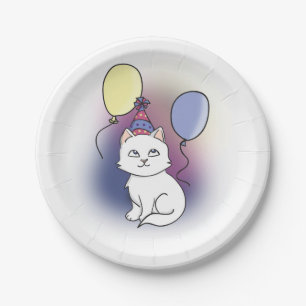 Weißer Cartoon Katze mit Balloons Pappteller