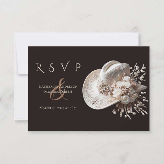 Weißer Cowgirl-Hut mit Blume Hochzeit RSVP Karte (Vorderseite)