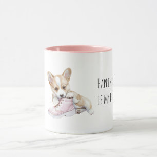 Weißer Creme-Welpe mit rosa Schuh Tasse