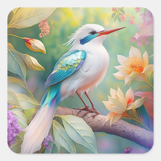 Weißer Crew Aquamariner Wing Fantasy Bird Quadratischer Aufkleber (Vorderseite)