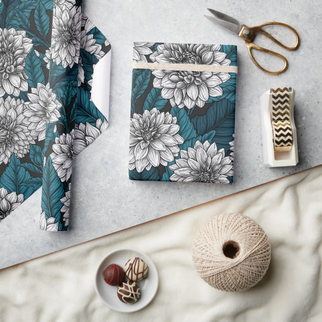 Weißer Dahlia-Garten/blaue Blätter 2 Geschenkpapier (Basteln)