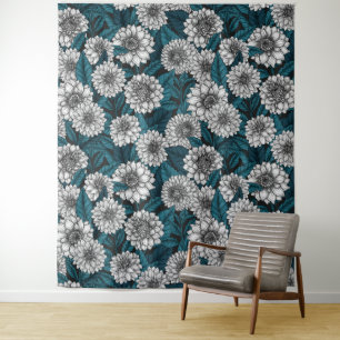 Weißer Dahlia-Garten/blaue Blätter 2 Wandteppich