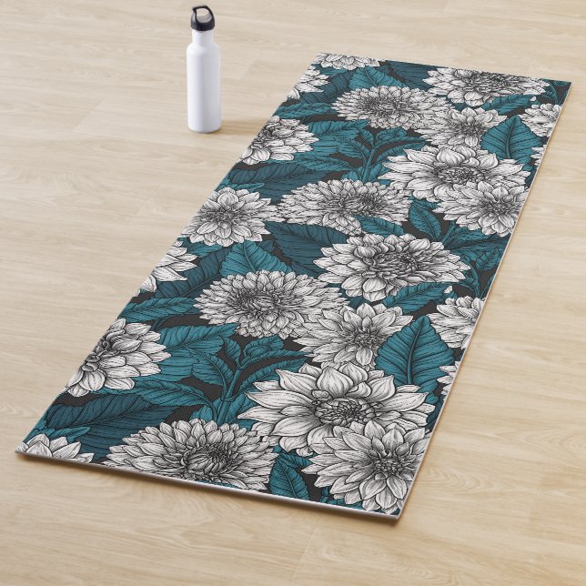 Weißer Dahlia-Garten/blaue Blätter 2 Yogamatte (Beispiel)
