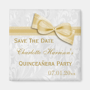 Weißer Damast & Goldene Schleife Quinceañera Save Magnet