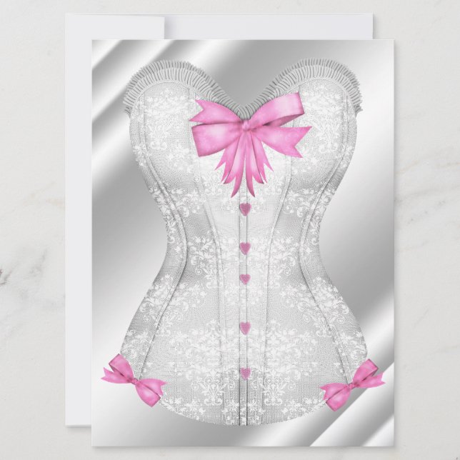 Weißer Damast Pink Bows Corset Lingerie Dusche Einladung (Vorderseite)