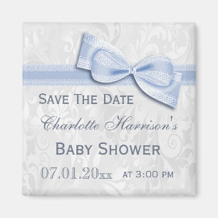 Weißer Damast u. blaue Bogen-Baby-Dusche Save the Magnet