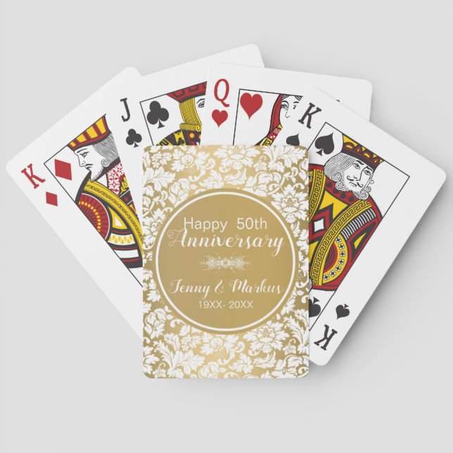 Weißer Damast und Goldzirkel - Jubiläum Spielkarten (Rückseite)