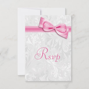 Weißer Damast und rosa falsche Schleife RSVP Karte