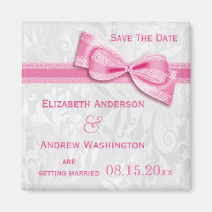 Weißer Damast und rosa Imitat beugt Save the Date Magnet