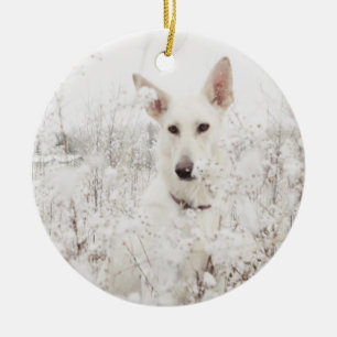 Weißer Deutscher Hirte im Schnee Keramik Ornament